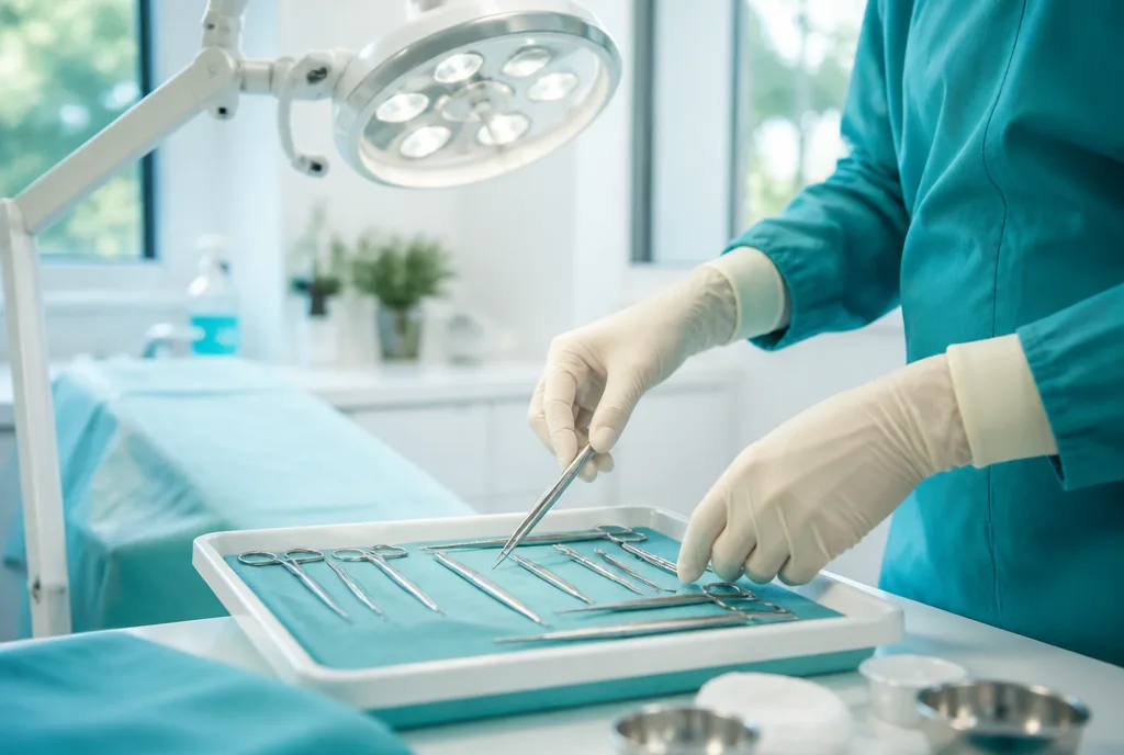 Gloved hands laying out sterile instruments before a minor procedure