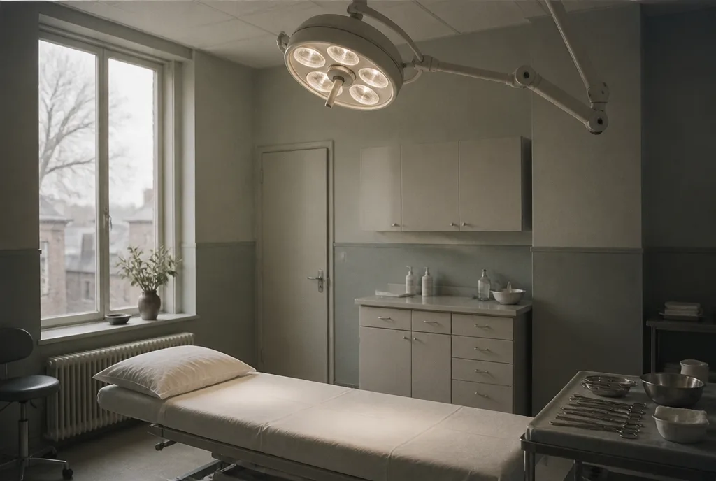 An articulated surgical lamp above an instrument tray