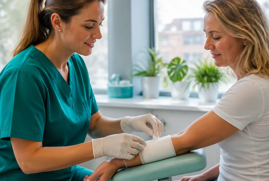 A nurse applying a dressing to a patient's forearm