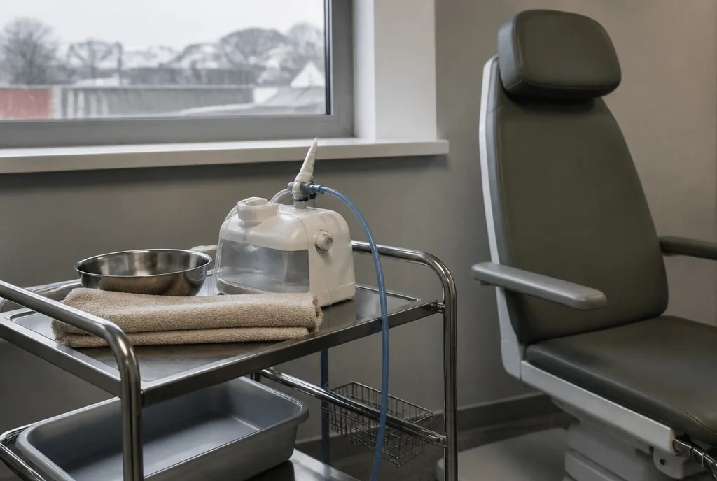 A nurse preparing equipment for ear irrigation on a clinical trolley