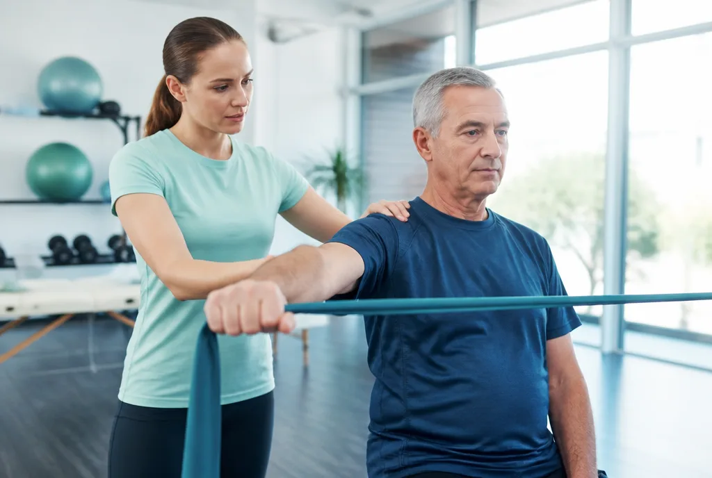 A physiotherapist guiding a patient through a resistance band exercise