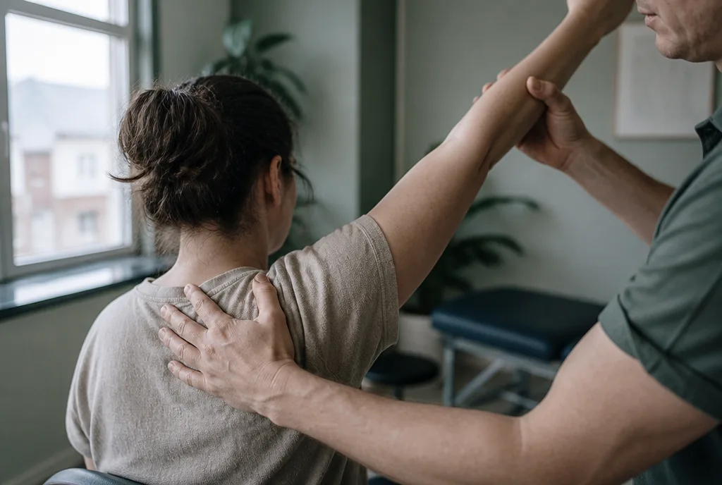 A physiotherapist's hands assessing a seated patient's shoulder