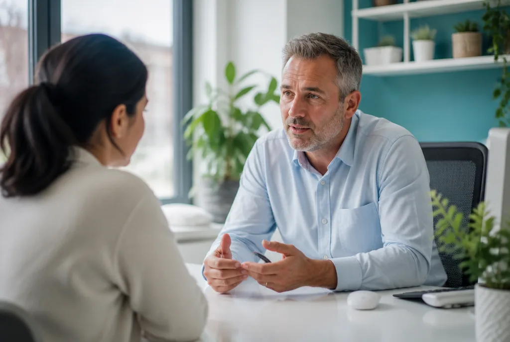 A GP talking with a patient across a desk in a bright consulting room