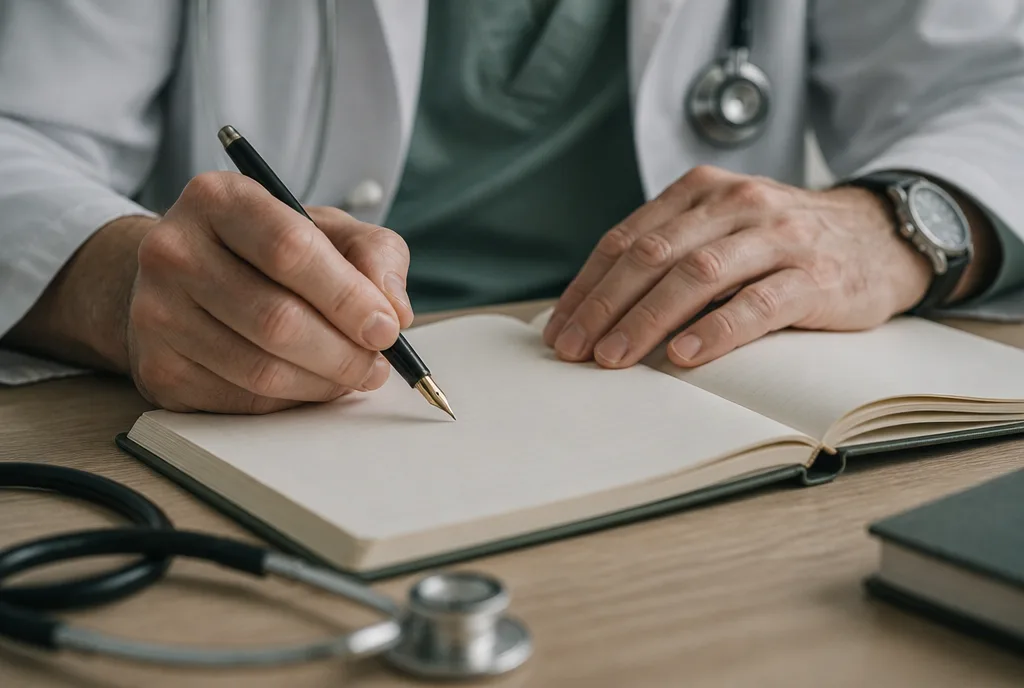 A doctor's hands writing in paper notes beside a stethoscope