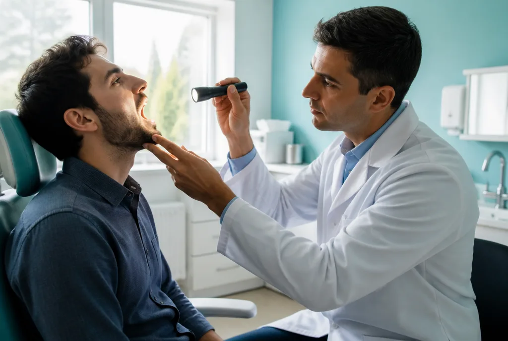 A doctor examining a patient's throat with a small light