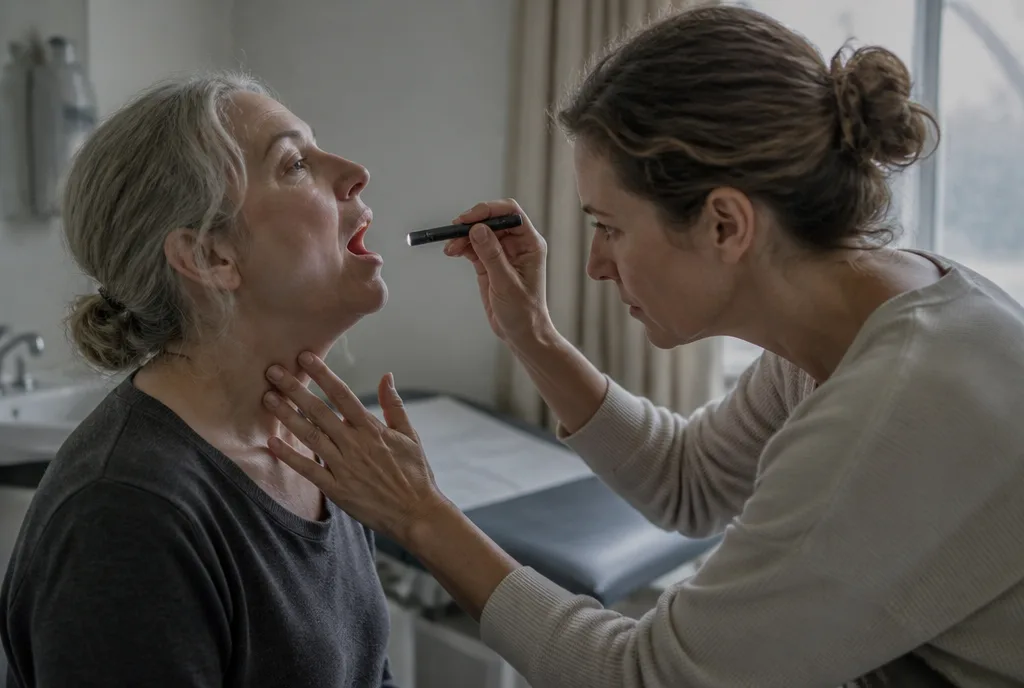 A doctor examining a patient's throat with a pen light