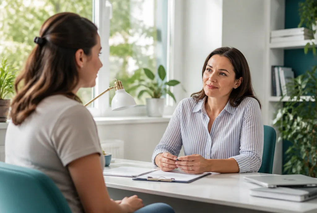 A clinician talking with a young adult patient in a private consulting room