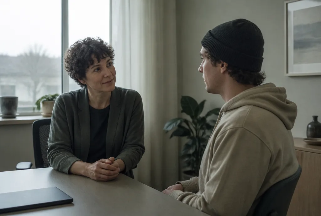 A clinician talking with a young adult across a desk in a consulting room