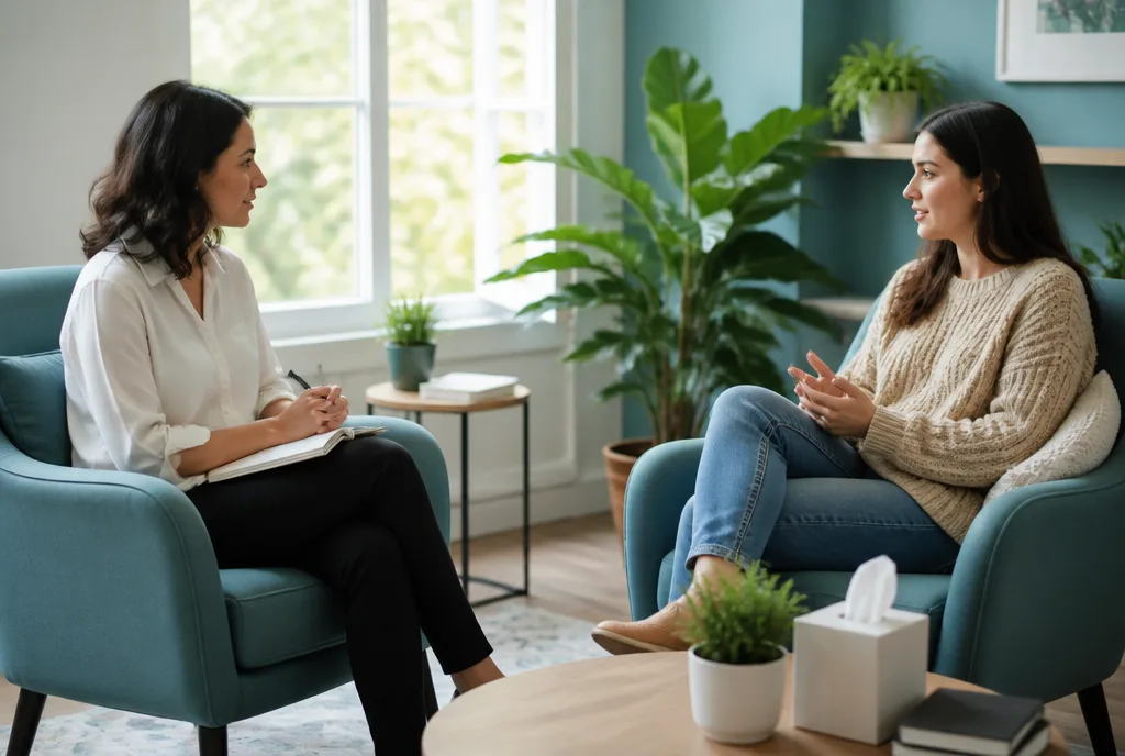 A therapist and a client talking in two armchairs by a window