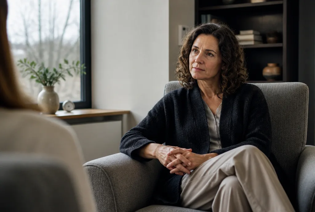 A therapist listening, hands resting in their lap