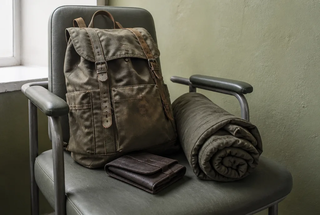 A rucksack and travel wallet on a clinic chair before a trip