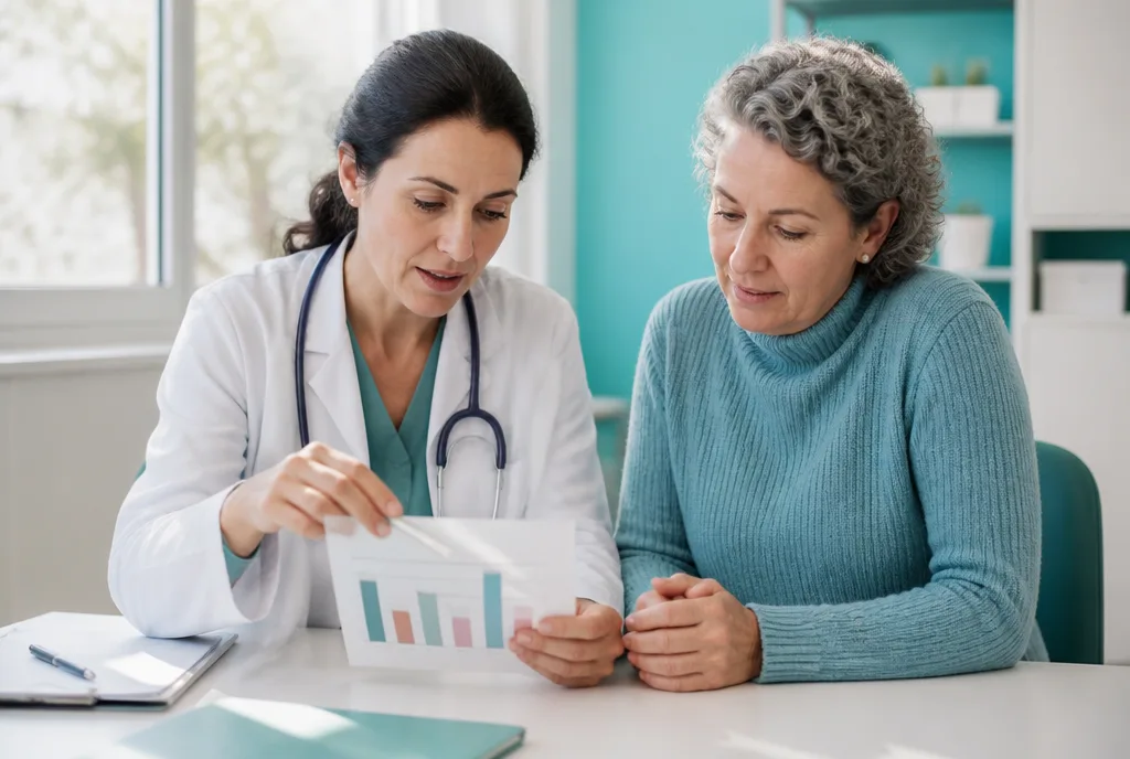 A doctor and patient looking at a printed results chart together