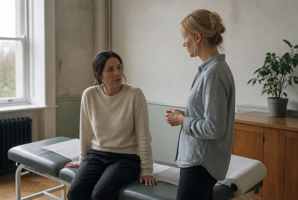 A patient sitting on an examination couch talking with a clinician