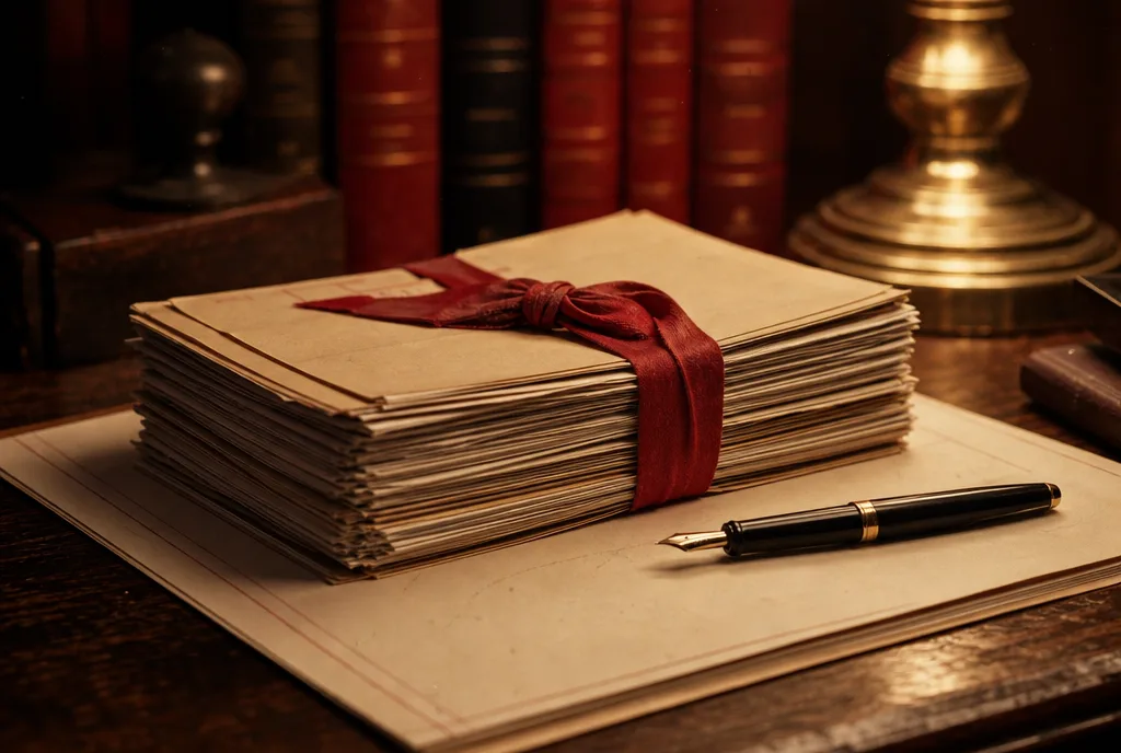 A red-ribboned counsel’s brief on a desk