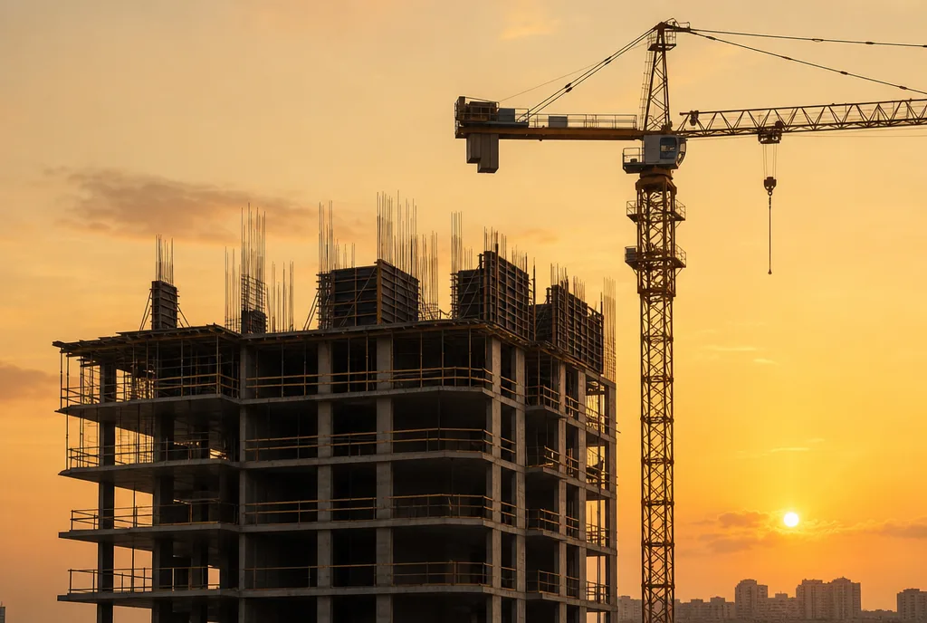 A high-rise construction site at warm dusk with a tower crane