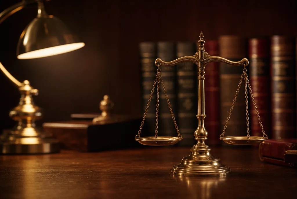 A brass scales of justice on a desk
