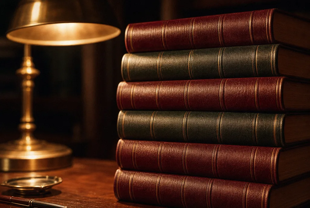 Bound law reports stacked under a warm brass lamp