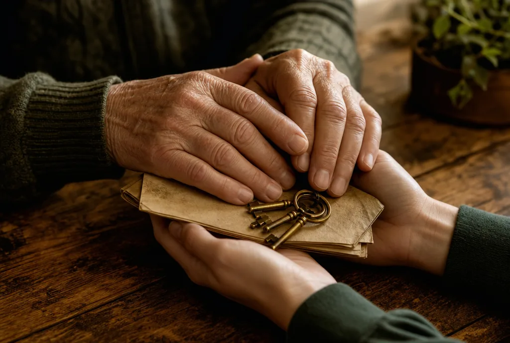 An elder’s hands resting over a younger person’s, with keys and a document