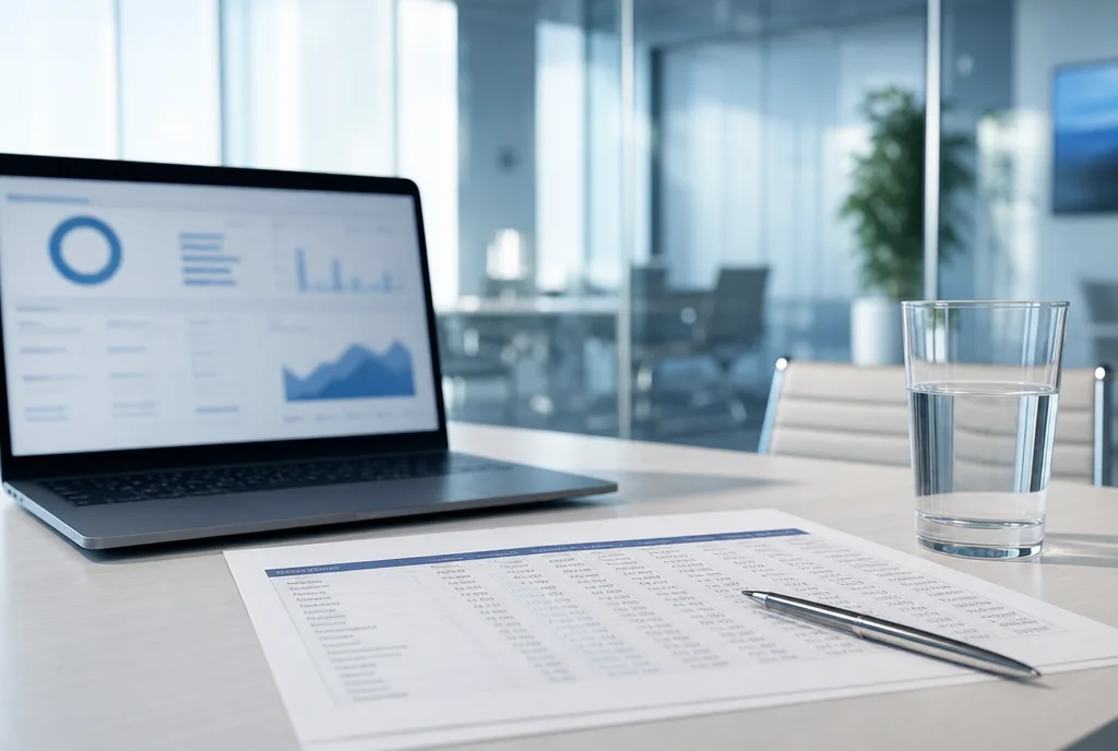 A cap-table spreadsheet and a laptop on a bright glass table