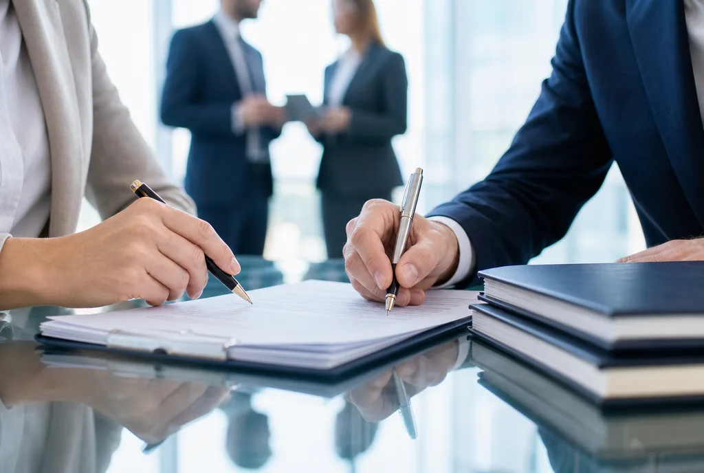 Two professionals signing a transaction document