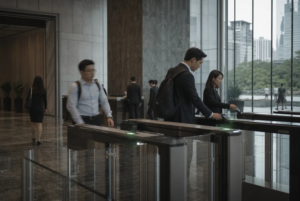 Office workers passing access turnstiles in a KL tower lobby at morning