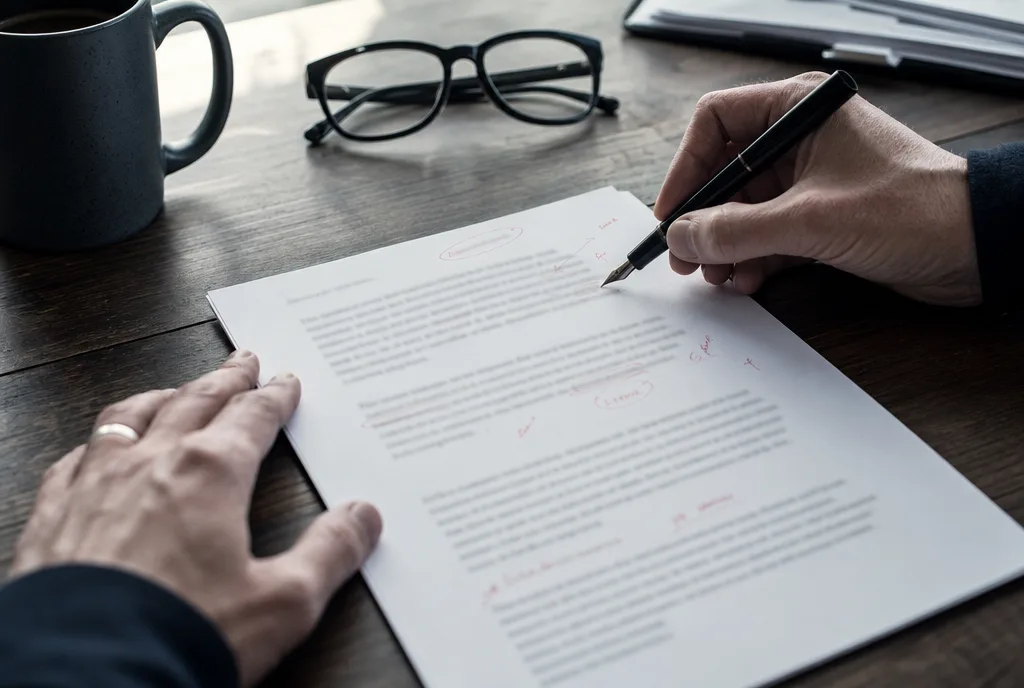 Hands annotating a printed employment contract with a fountain pen