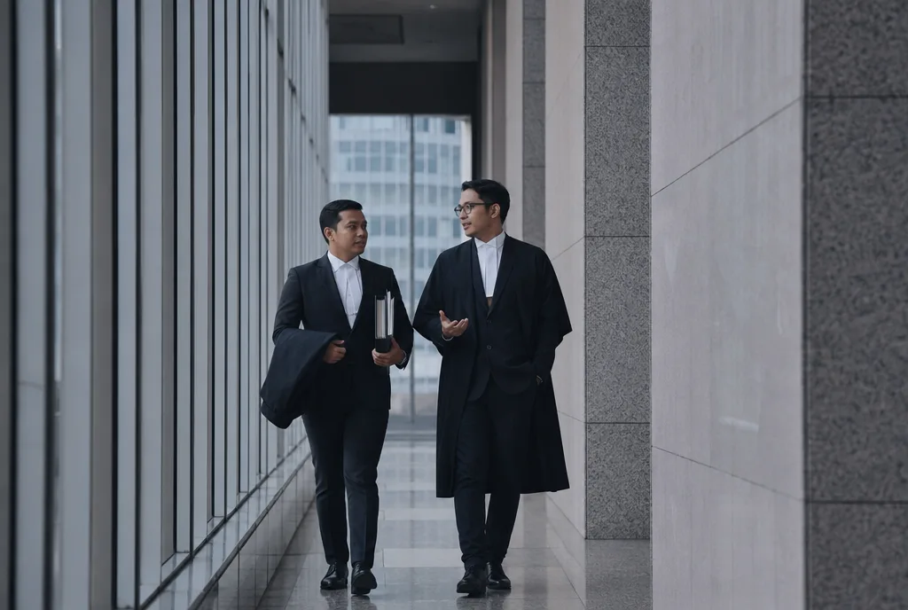 Two FLS lawyers in conversation walking a daylight office corridor