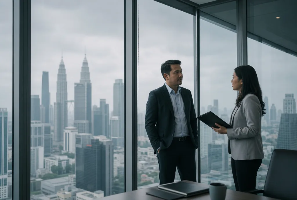 Managers and an HR officer reviewing documents in a glass meeting room