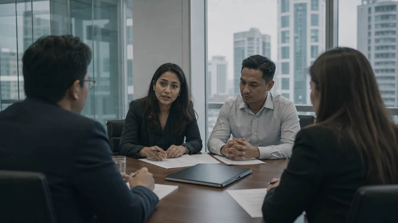 An employment lawyer and her client across the table from company representatives during a settlement negotiation