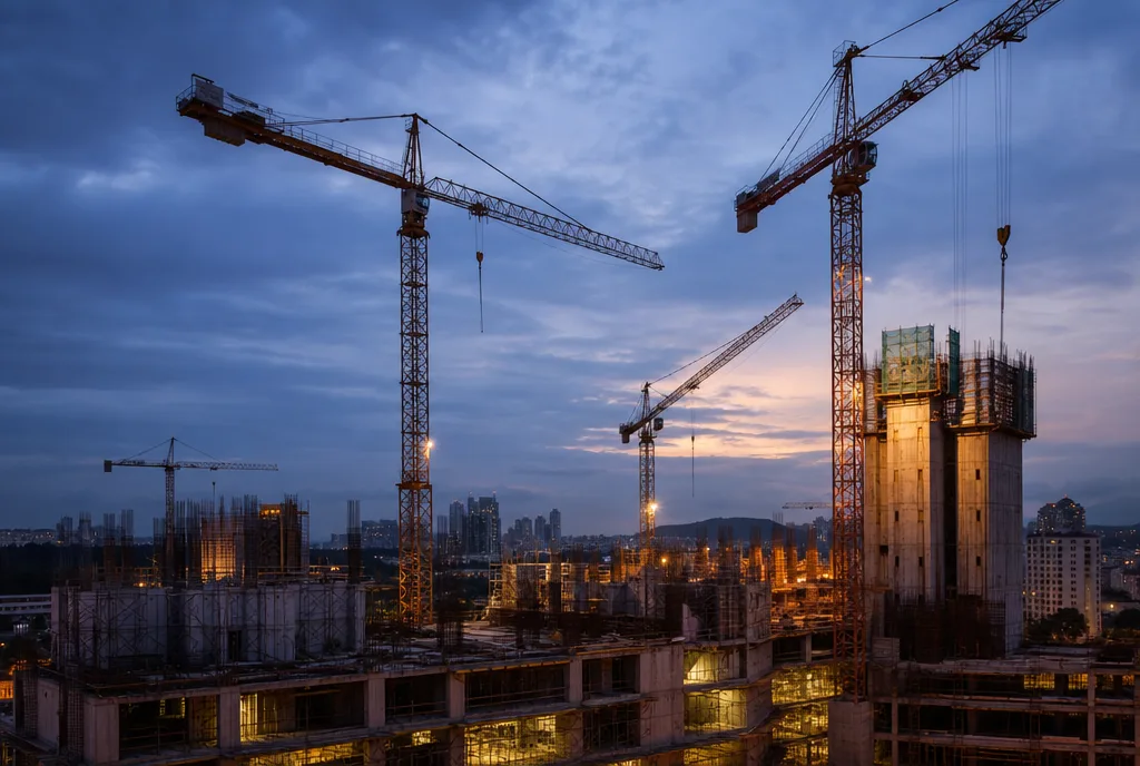 Tower cranes over a construction site at dusk