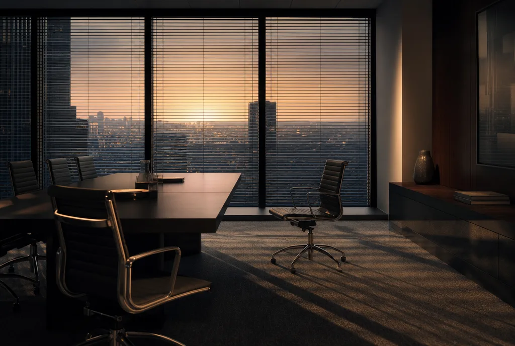 An empty meeting room with chairs around a conference table