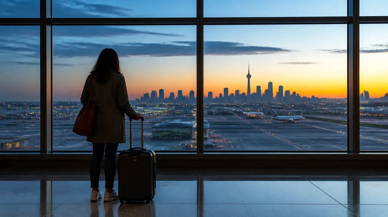 A traveller with a suitcase watching sunrise over the Toronto skyline from an airport window