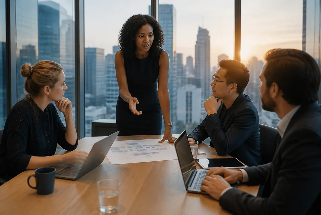 An executive briefing colleagues in a glass boardroom at dawn