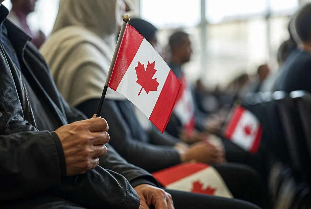Hands holding small Canadian flags at a citizenship ceremony