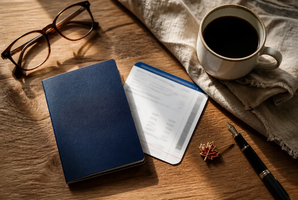 Passport, boarding pass and fountain pen laid out on a desk in morning light