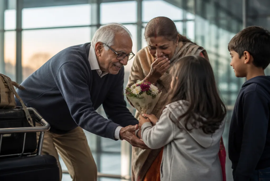 Grandparents greeted by their grandchildren at an airport arrivals gate