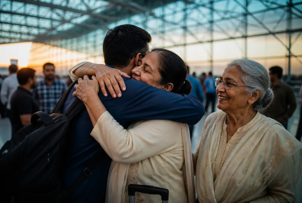 A family embracing at the airport arrivals hall