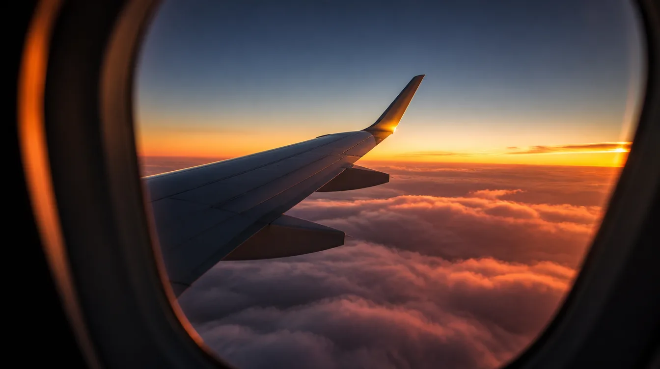 Sunrise over clouds seen past an aircraft wing