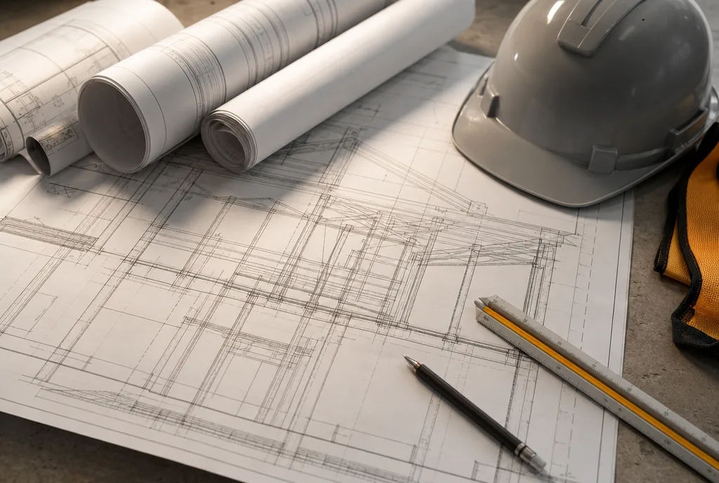 Construction drawings and a hard hat on a site-office table