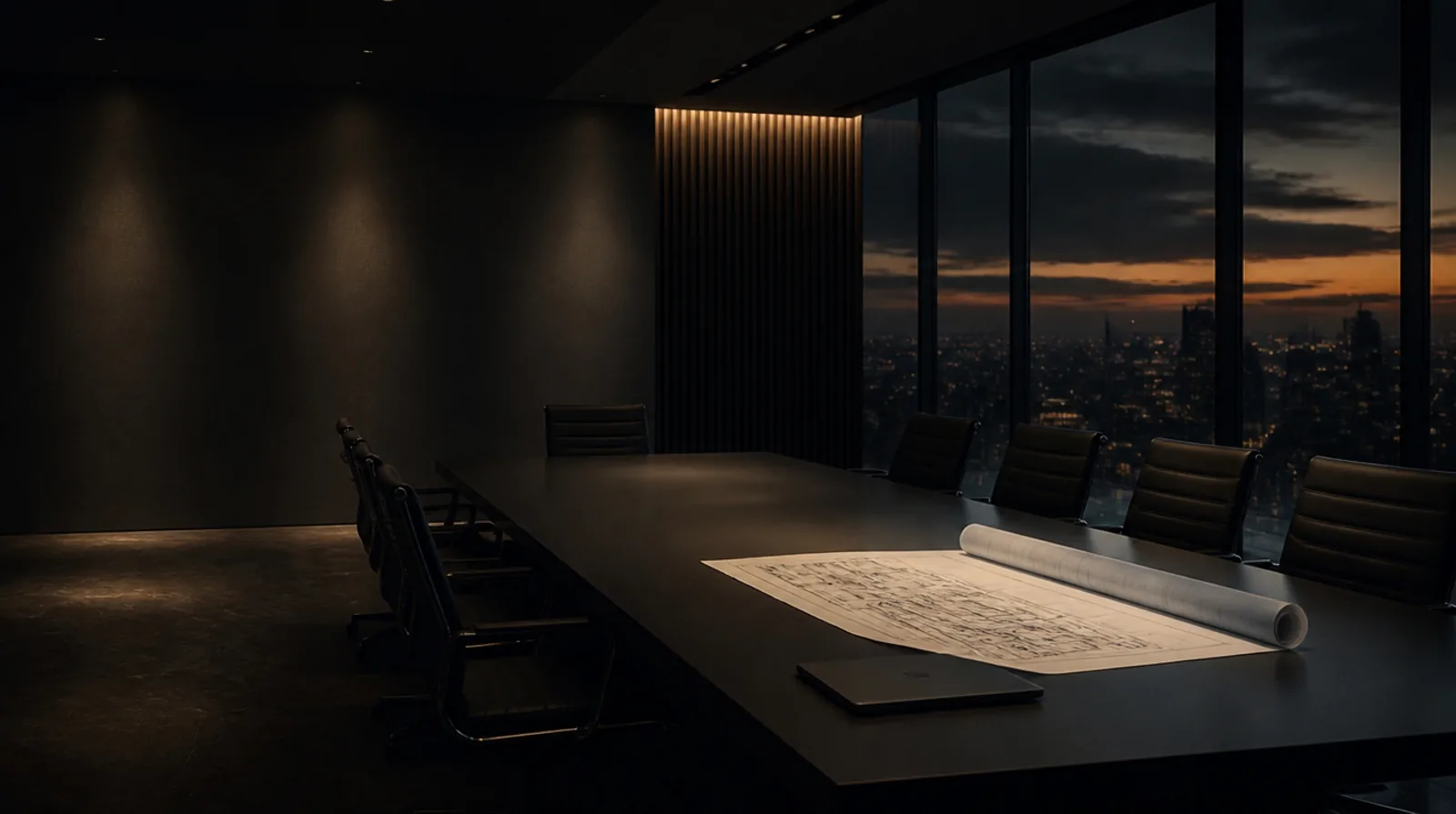 A boardroom table with construction blueprints at dusk