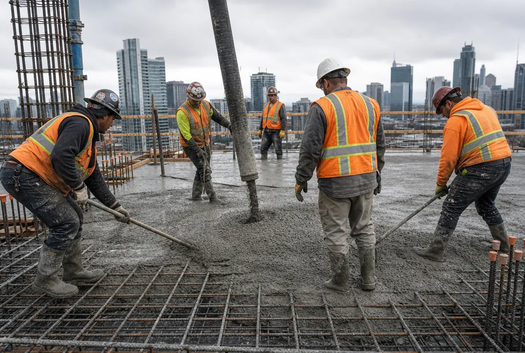 Construction workers directing a concrete pour on a high-rise slab