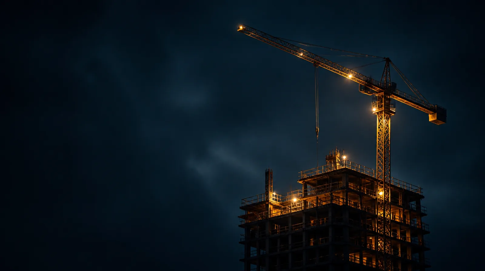 A tower crane on a construction site at night