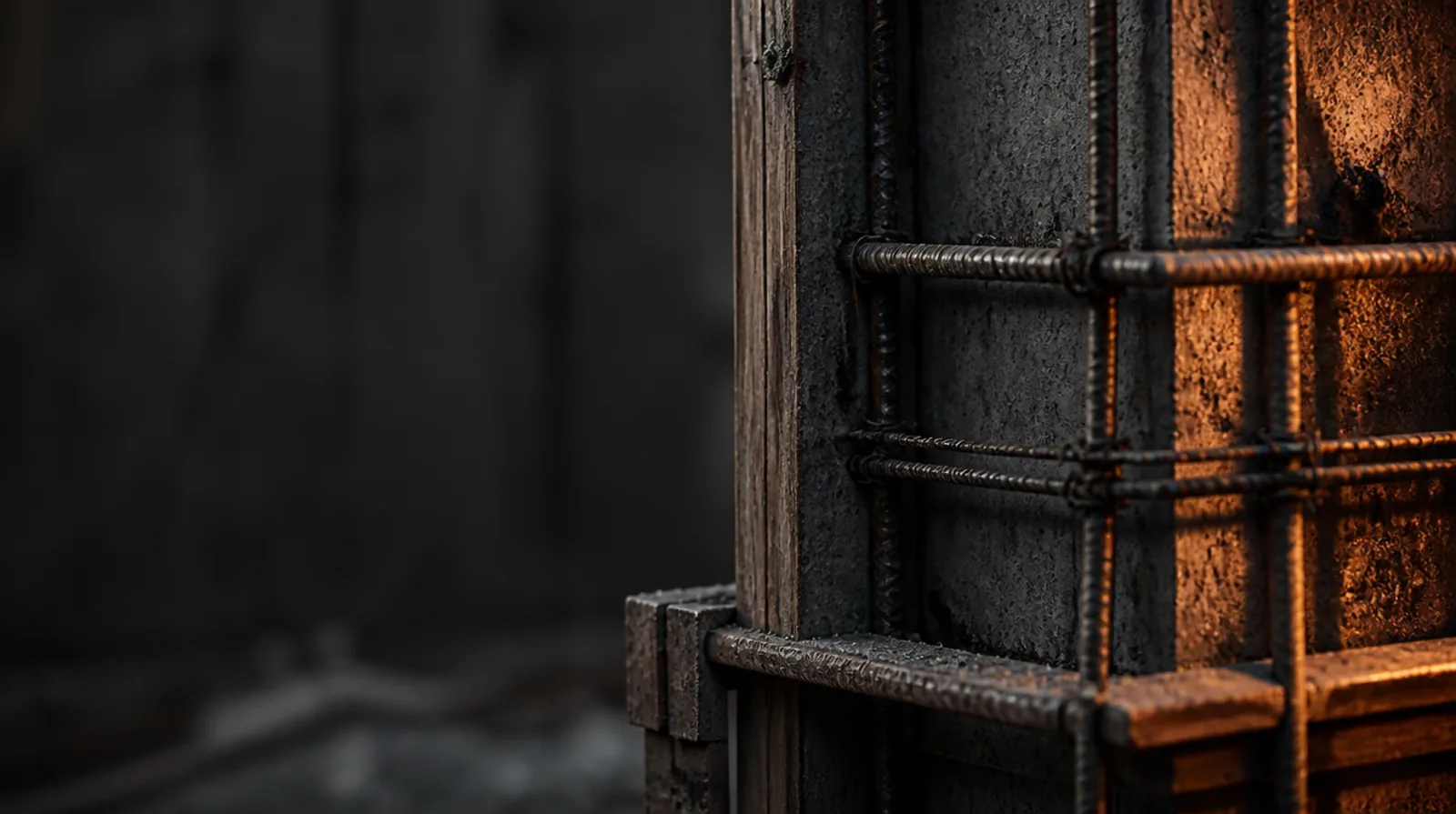 Concrete formwork and steel reinforcement on a construction site