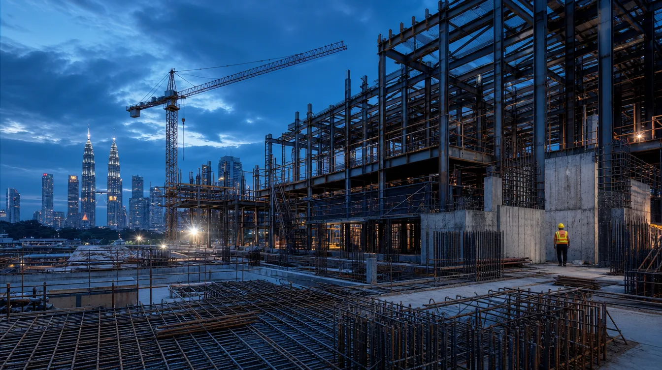 High-rise construction site in Kuala Lumpur at blue hour with structural steel, concrete formwork and a tower crane