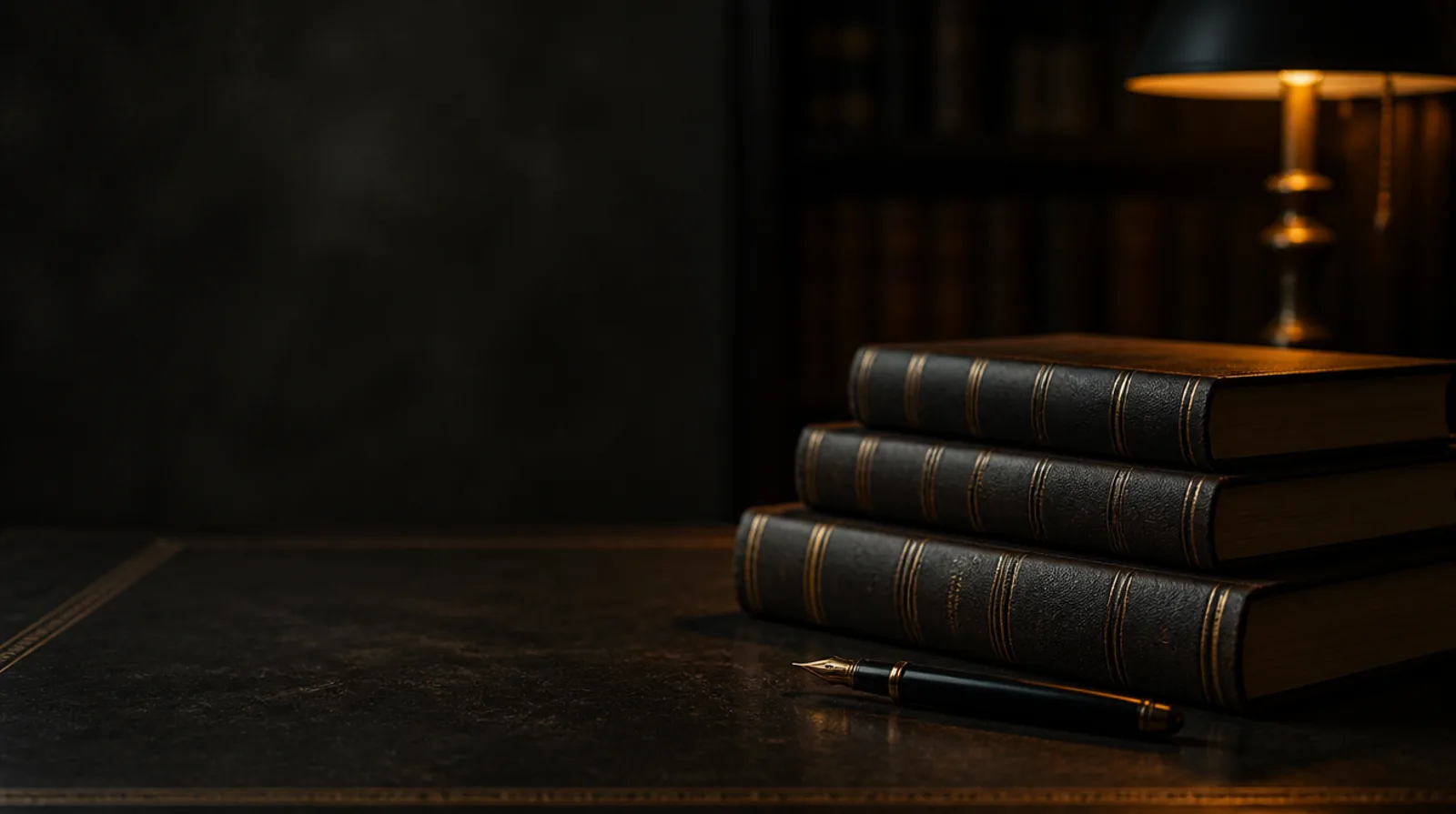 Law-report volumes and a fountain pen on a desk under a warm lamp