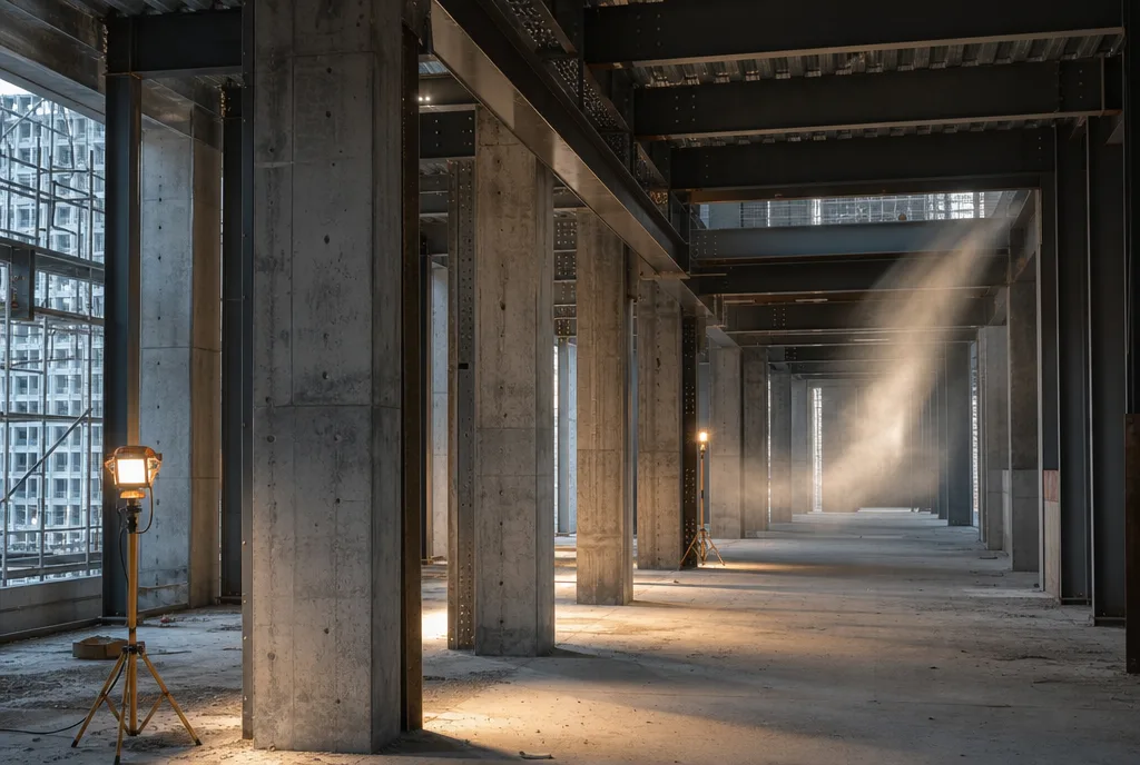 Concrete formwork columns receding inside a high-rise under construction
