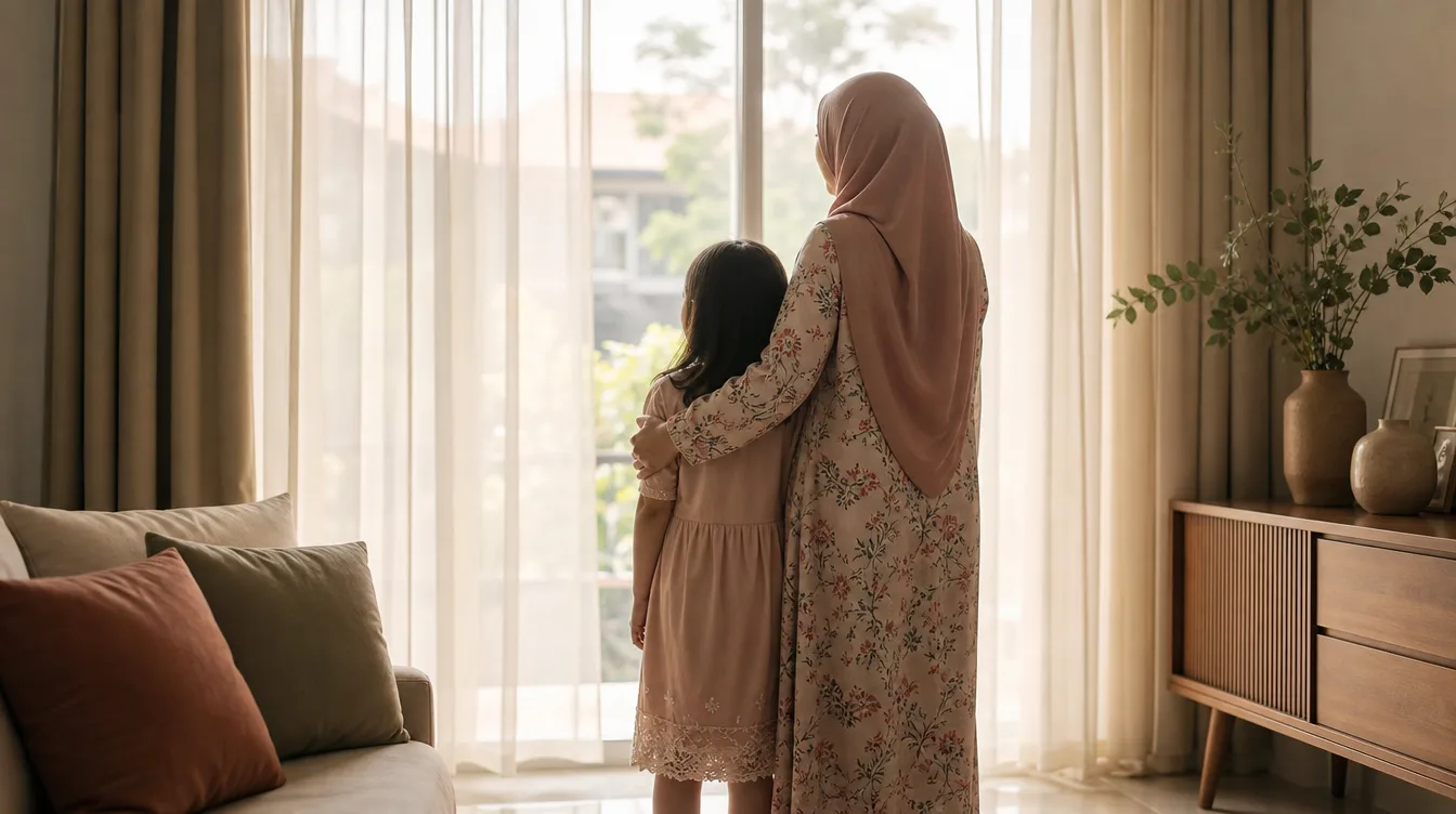 Morning light in a family home — a parent and child by the window