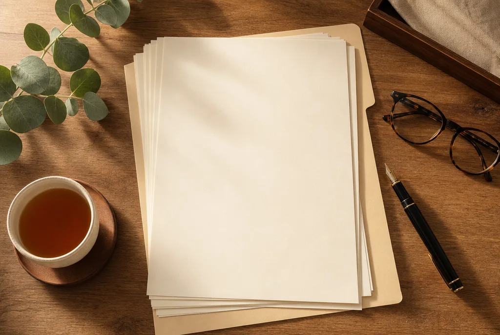 Documents, pen and tea arranged on a desk