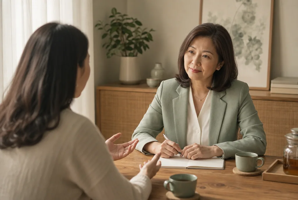 A lawyer listening to a client across a warm wooden table