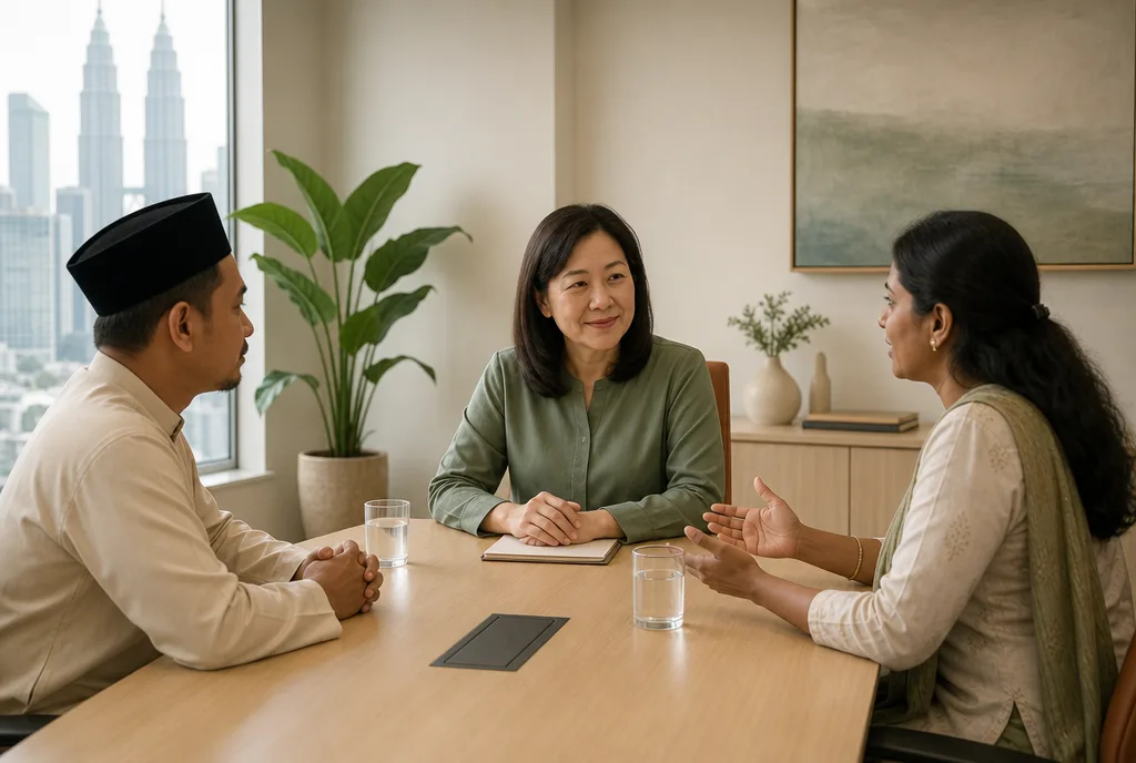 A calm mediation session at a light wooden table